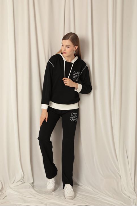 Modal Kumaş Nakışlı Garnili Kadın Siyah Takım 