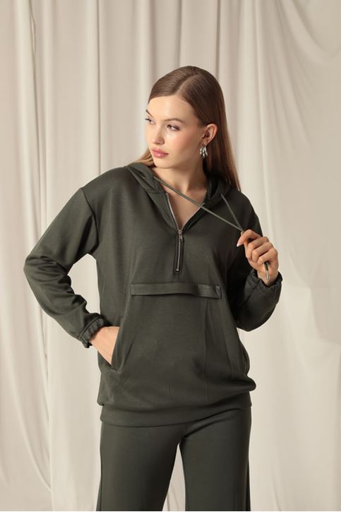 بدلة رياضية كاكي نسائية بسحاب من القماش المشروط