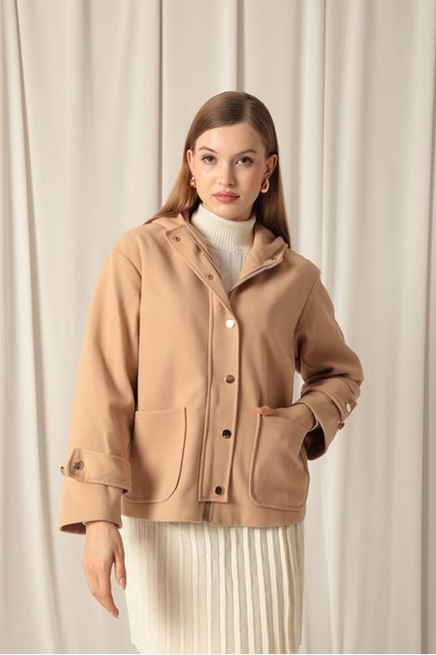 Cashmere Fabric Hooded Short Women's Beige Coat