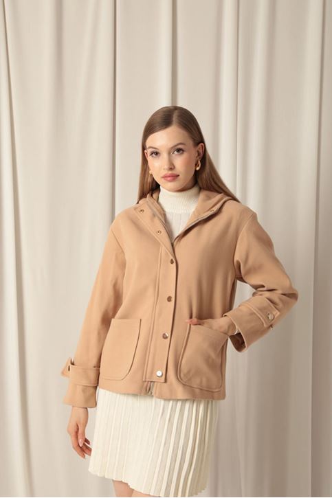 Cashmere Fabric Hooded Short Women's Beige Coat