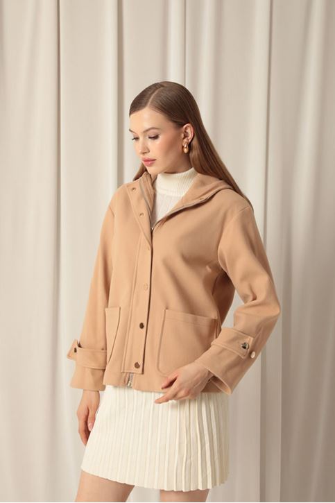 Cashmere Fabric Hooded Short Women's Beige Coat