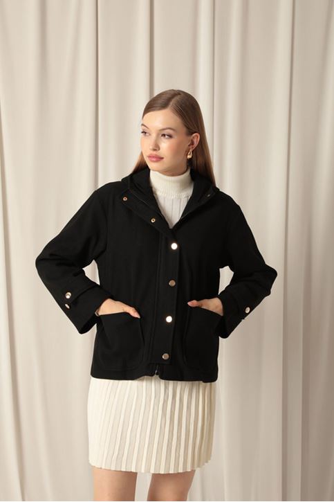 Cashmere Fabric Hooded Short Women's Black Coat