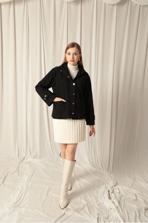 Cashmere Fabric Hooded Short Women's Black Coat