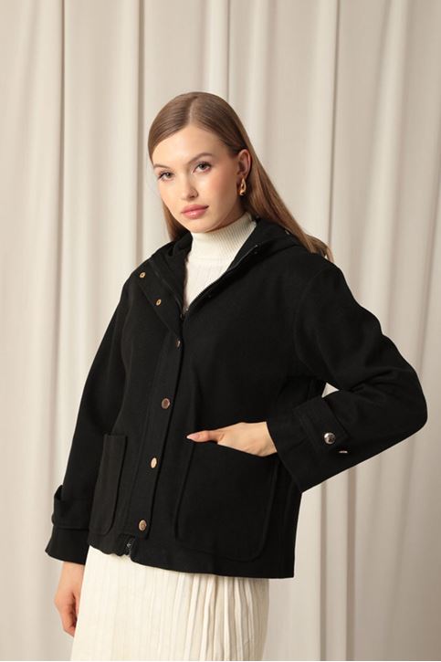 Cashmere Fabric Hooded Short Women's Black Coat