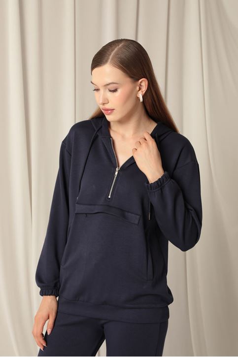 Modal Fabric Zippered Women's Navy Blue Sweat Suit