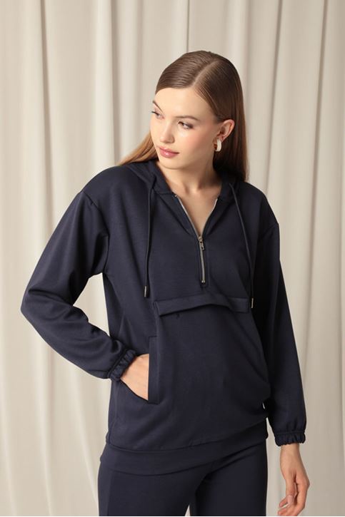 Modal Fabric Zippered Women's Navy Blue Sweat Suit