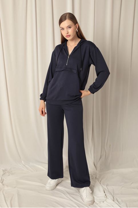 Modal Fabric Zippered Women's Navy Blue Sweat Suit