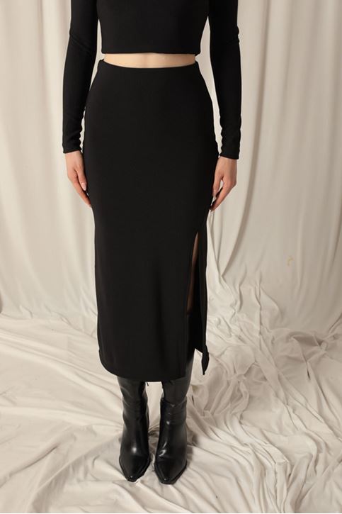 Ottoman Fabric Slit Women's Black Skirt
