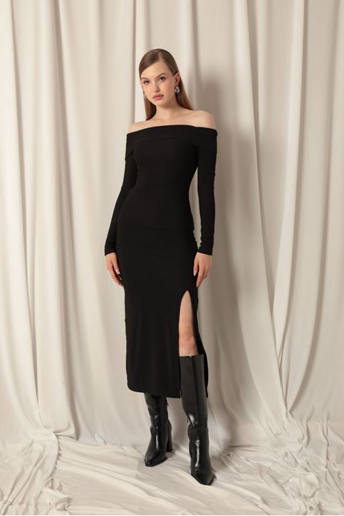 Ottoman Fabric Slit Women's Black Skirt