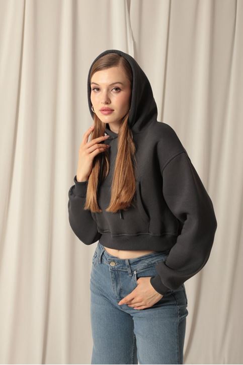 Три пряжи Ткань с капюшоном Короткие женские свитшоты Антрацит