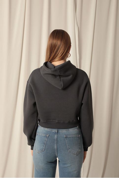 Три пряжи Ткань с капюшоном Короткие женские свитшоты Антрацит