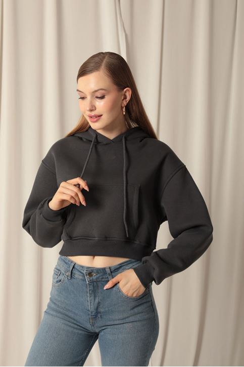 Три пряжи Ткань с капюшоном Короткие женские свитшоты Антрацит