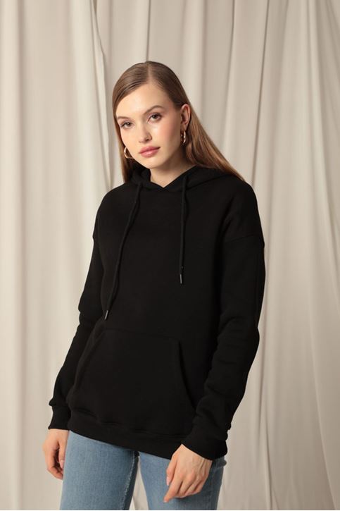 Три пряжи кенгуру карман женщины капюшоном черный пот