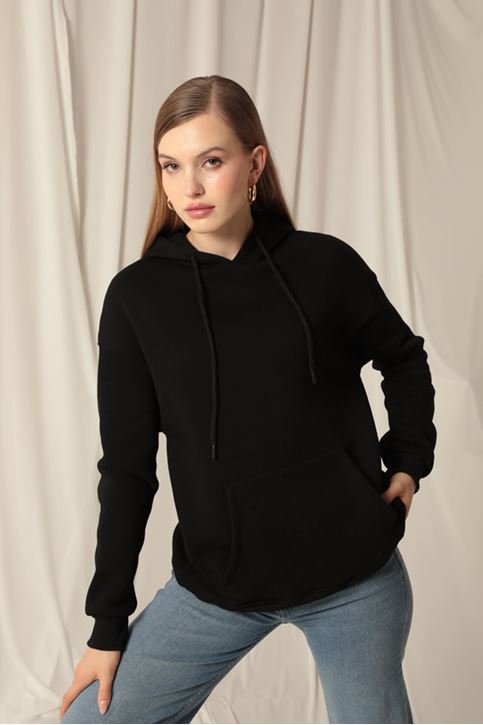 Три пряжи кенгуру карман женщины капюшоном черный пот