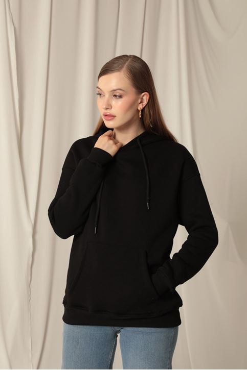 Три пряжи кенгуру карман женщины капюшоном черный пот