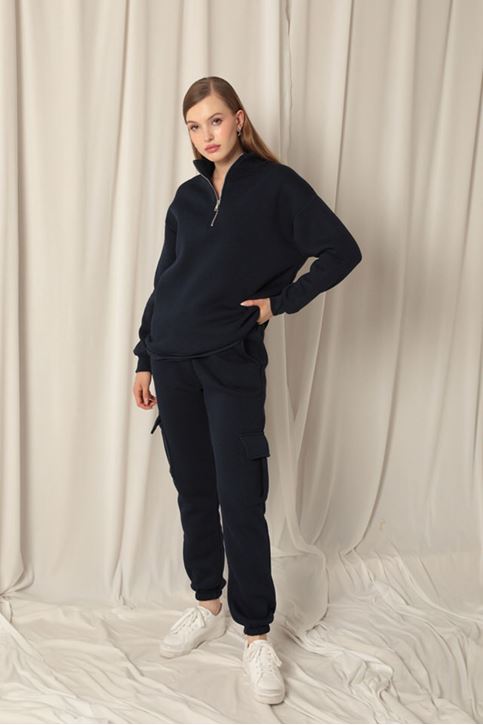  Женский темно-синий свитшот с полузастежкой-молнией 