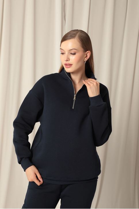  Женский темно-синий свитшот с полузастежкой-молнией 