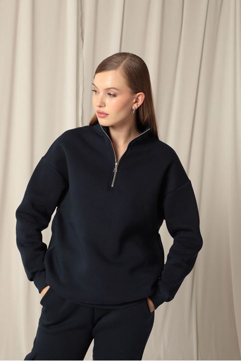  Женский темно-синий свитшот с полузастежкой-молнией 
