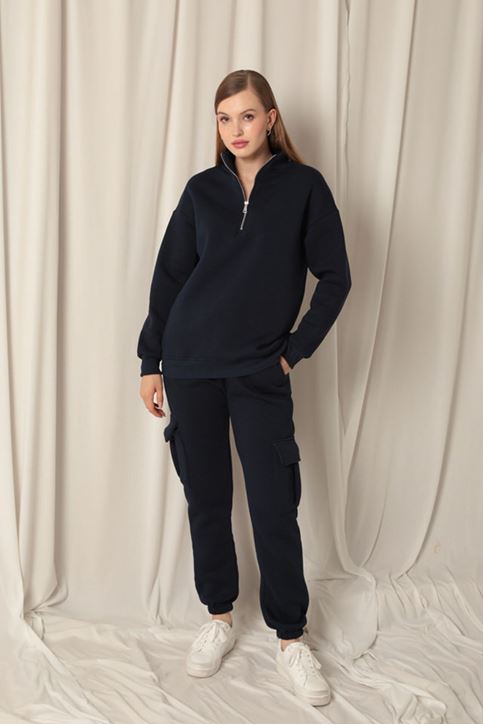  Женский темно-синий свитшот с полузастежкой-молнией 