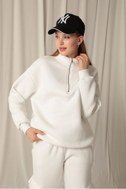  Женский свитшот цвета экрю с полузастежкой-молнией 