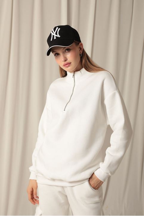  Женский свитшот цвета экрю с полузастежкой-молнией 