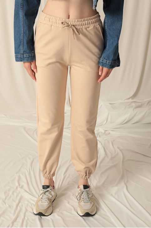 Double Yarn Fabric Elastic Leg Women's Beige Tracksuit
