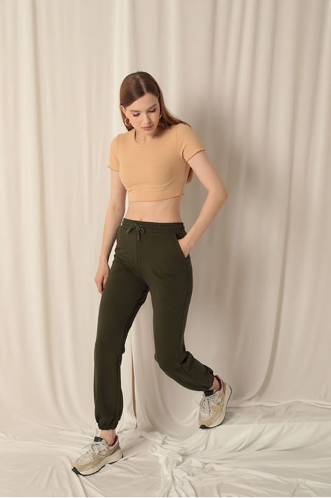 Women's Khaki Tracksuit with Elastic Legs and Two Yarn Fabric
