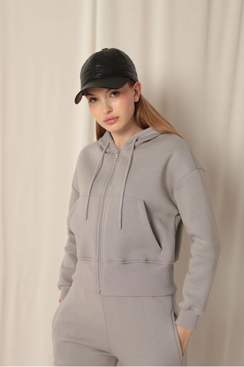  Короткий темно-серый свитшот с капюшоном на молнии