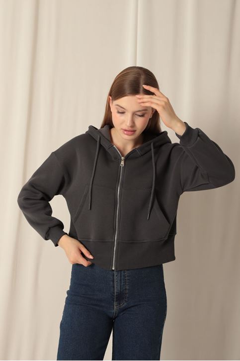  Короткий антрацитовый свитшот с капюшоном 