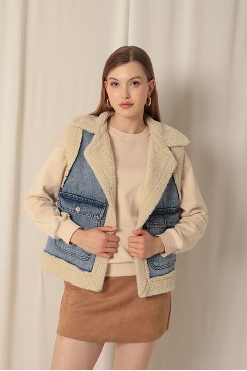 Denim Kumaş Peluşlu Kadın Mavi Kot Yelek 