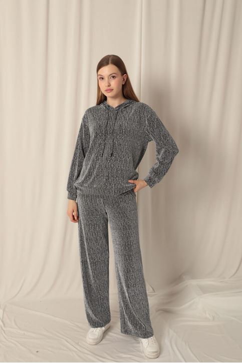 Parlak Kumaş Kapüşonlu Kadın Gümüş Takım 