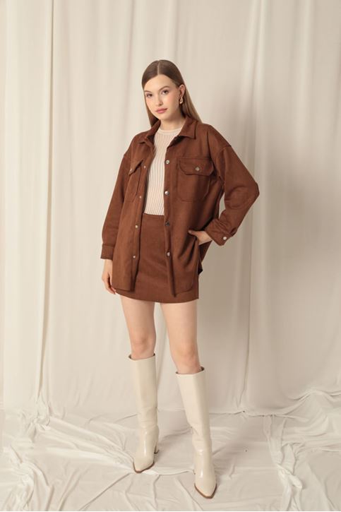 Süet Kumaş Şort Etekli Kadın Kahve Takım 