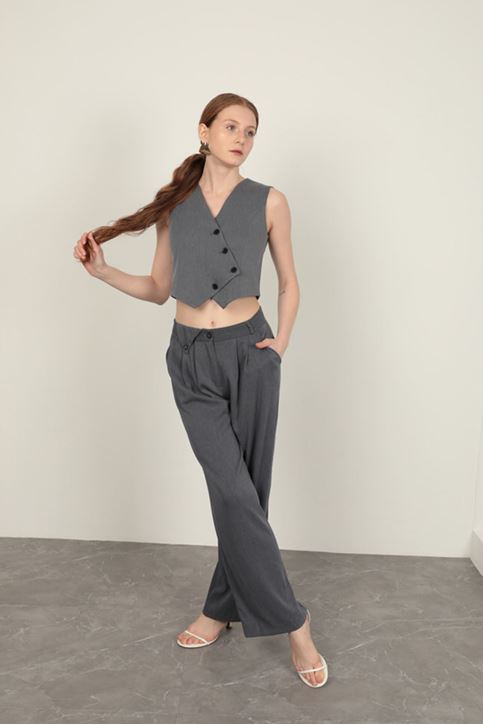 طقم سترة نسائية من قماش بولي فيسكون باللون الرمادي الداكن