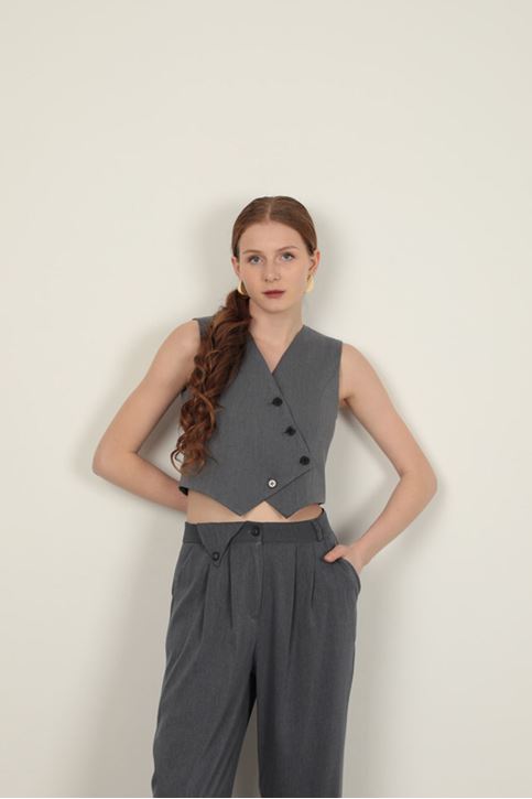 طقم سترة نسائية من قماش بولي فيسكون باللون الرمادي الداكن