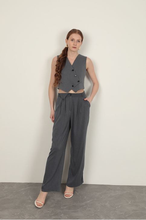 طقم سترة نسائية من قماش بولي فيسكون باللون الرمادي الداكن