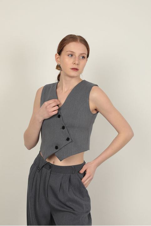 طقم سترة نسائية من قماش بولي فيسكون باللون الرمادي الداكن