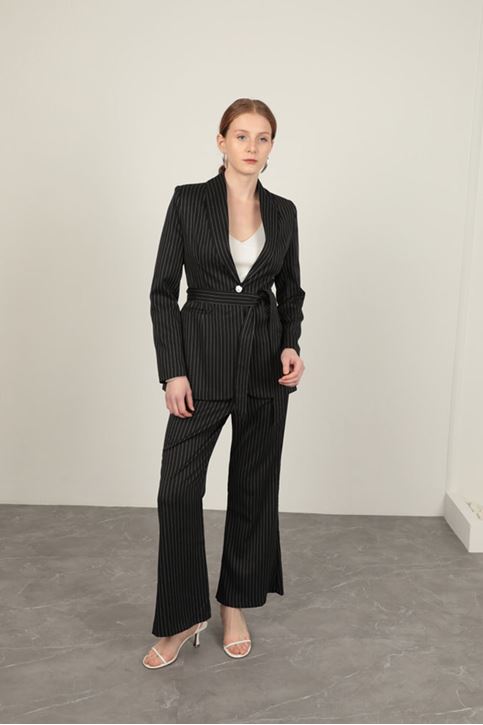 Striped Polyviscon Fabric Women's Suit-Black