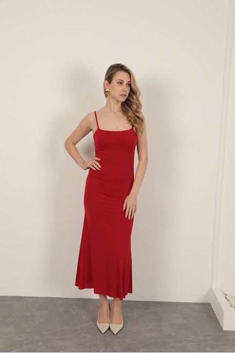Sandy Kumaş İp Askılı Basic Elbise-Kırmızı