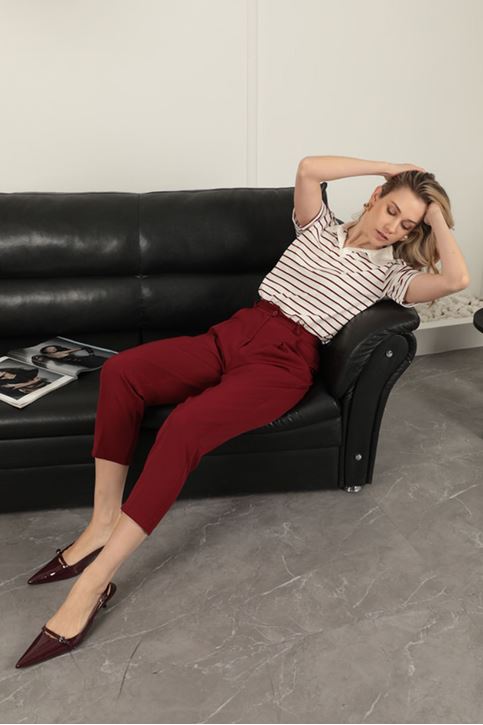 Atlas Kumaş Kemerli Havuç Pantolon-Bordo