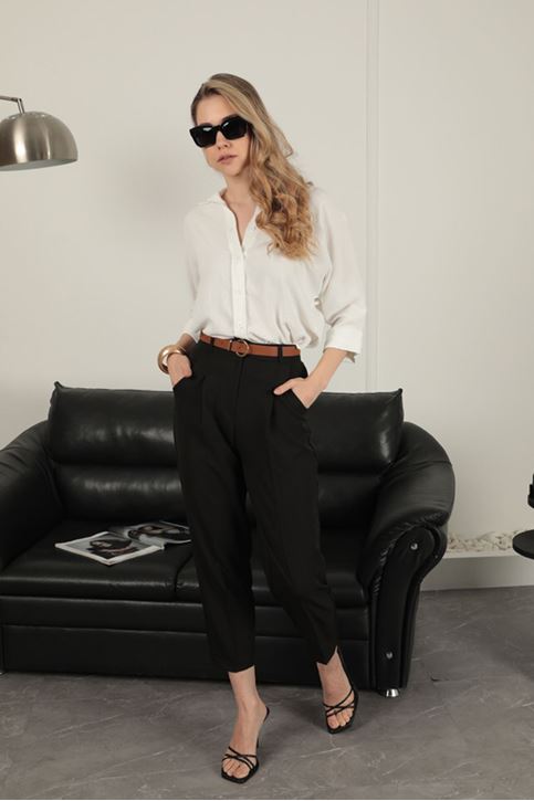 Atlas Kumaş Kadın Havuç Pantolon-Siyah