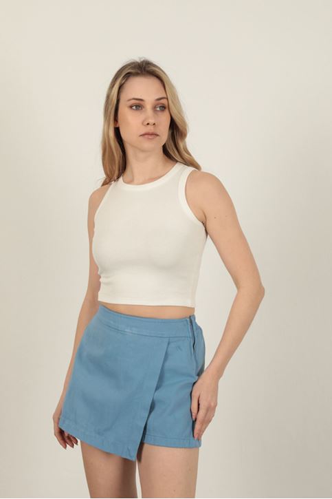 Garbardin Kumaş Fermuarlı Kadın Şort Etek-Mavi