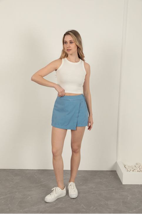 Garbardin Kumaş Fermuarlı Kadın Şort Etek-Mavi