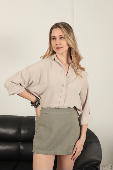 Garbardin Kumaş Fermuarlı Kadın Şort Etek-Haki