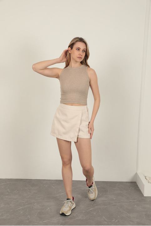 Garbardin Kumaş Fermuarlı Kadın Şort Etek-Taş
