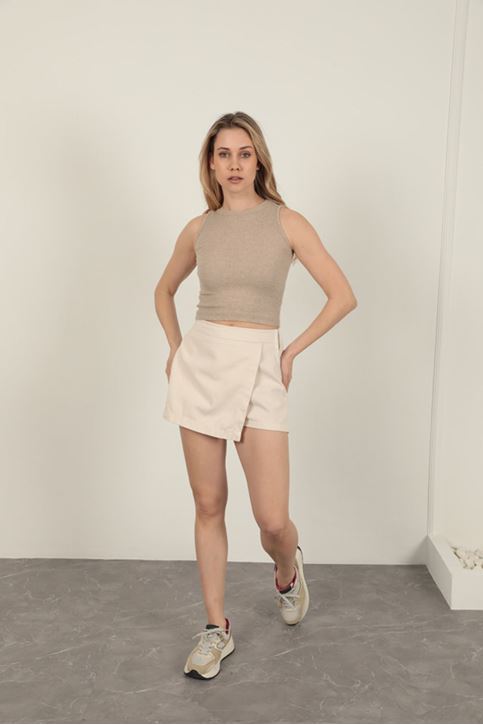 Garbardin Kumaş Fermuarlı Kadın Şort Etek-Taş