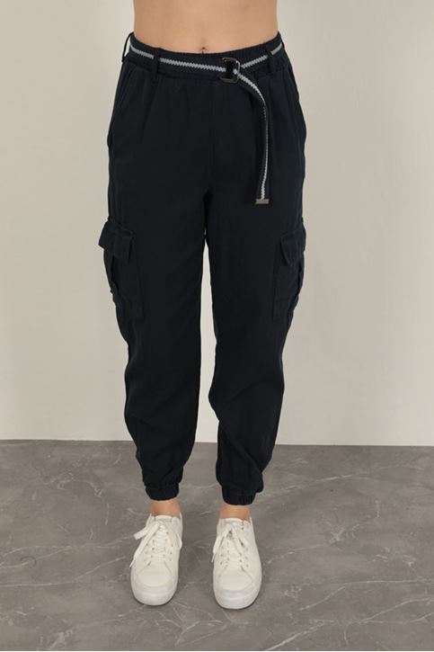 Gabardin Kumaş Kemerli Kargo Kadın Pantolon-Lacivert