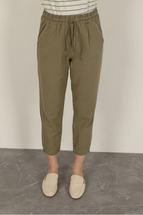 Keten Kumaş Püsküllü Paça Kadın Pantolon-Haki