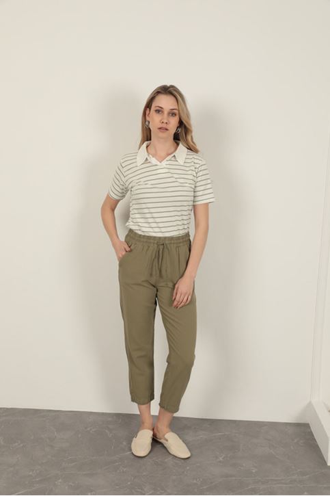 Keten Kumaş Püsküllü Paça Kadın Pantolon-Haki