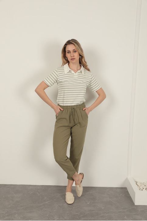 Keten Kumaş Püsküllü Paça Kadın Pantolon-Haki