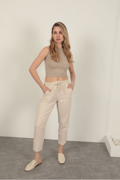 Keten Kumaş Püsküllü Paça Kadın Pantolon-Taş